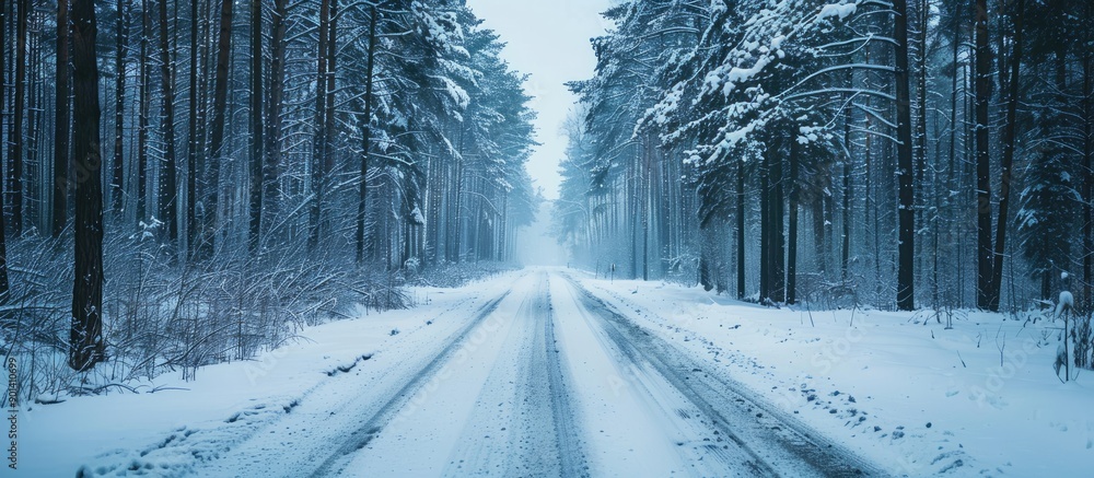 Aufkleber Snowy winter road bordered by tall trees in a forest setting perfect for a copy space image