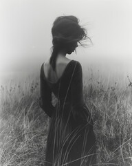 A woman is standing in a field of tall grass. She is wearing a black dress and has her hair pulled back. The image has a moody and mysterious feel to it, as the woman is alone in the field