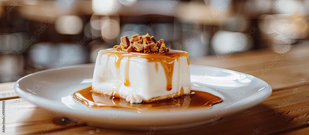 Poster Copy space image of a vanilla marshmallow dessert with caramel placed on a wooden table with selective focus