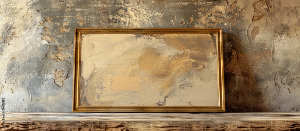 Aufkleber abstract textured beige and gold framed painting on a wooden wall with an empty card for copy space 