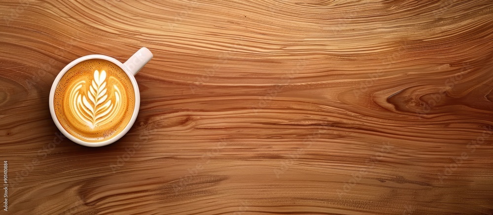 Aufkleber Flat lay style cup of cappuccino with latte art on a wooden background providing a visually appealing copy space image