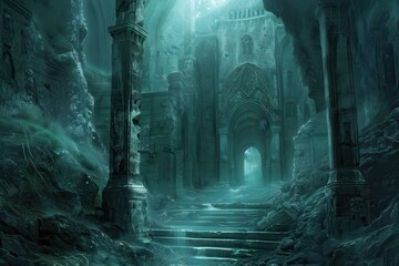 Obraz premium Ancient Temple Ruins Submerged Deep Underwater