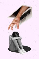 Vertical photo collage of hand peek macbook grab upset girl hug knees depression cyberbully concept...