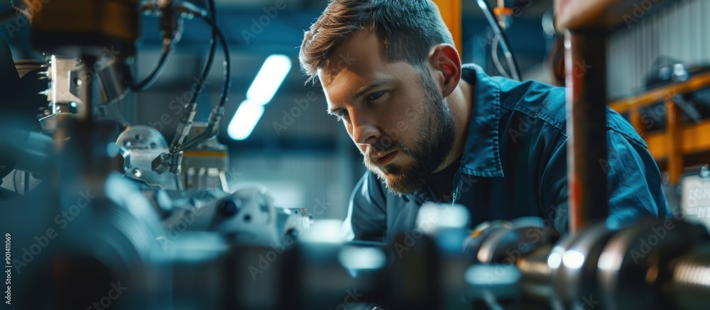 Poster a focused mechanic inspecting complex machinery in a factory setting