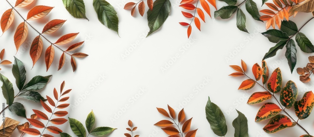 Poster frame made of autumn foliage on white background for tropical feel flat lay top view with natural ph