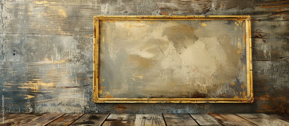 Poster abstract textured beige and gold framed painting on a wooden wall with an empty card for copy space 