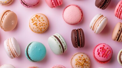 Obraz premium A row of colorful macaroons with different flavors. A sweet treat, a type of almond cookie in close-up.