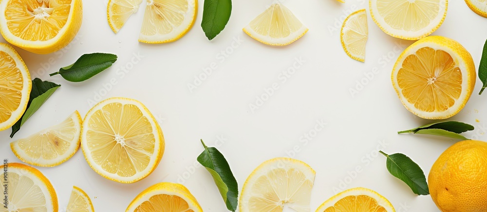 Aufkleber Citrus lemon slices creating a patterned frame on a white table background with copy space image embodying the concept of hot summer refreshment through a setup of beverage ingredients