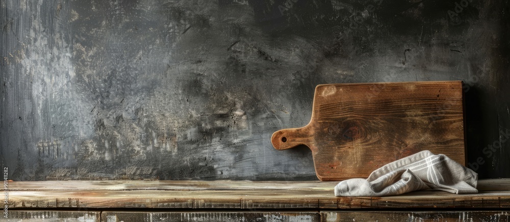 Aufkleber A wooden table with a cutting board and a towel providing a rustic backdrop with ample copy space image