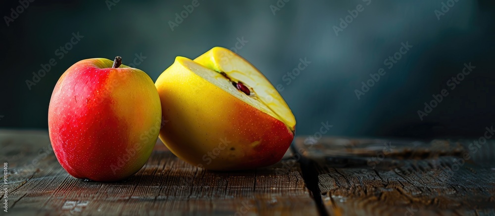 Poster Apple mango set on a wooden table with copy space image