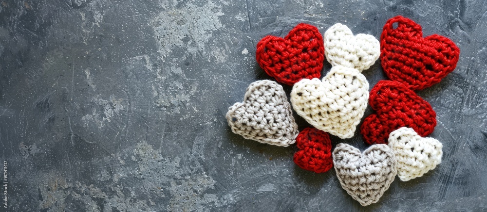 Poster greeting card featuring red and white crocheted hearts forming a heart shape on a gray background wi