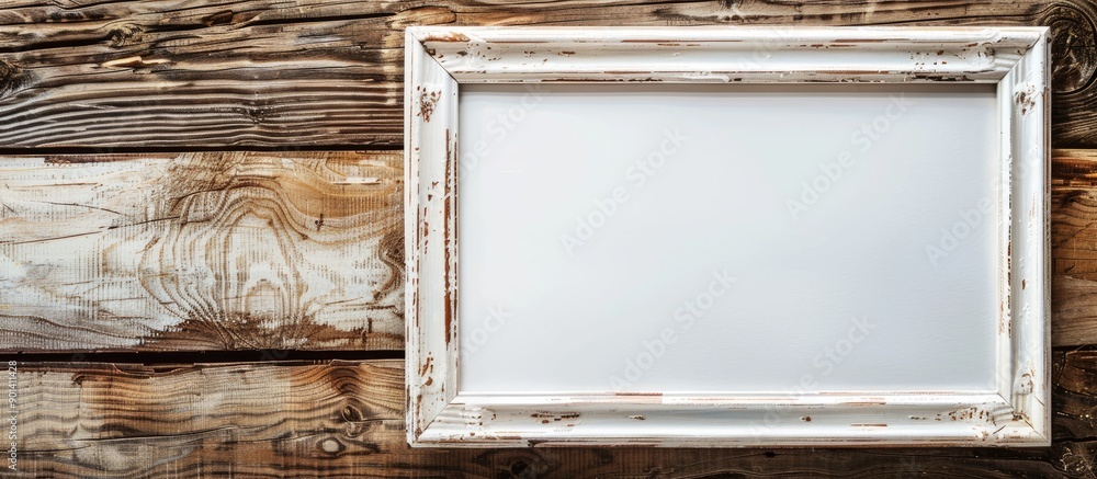 Poster white picture frame with blank copy space image on a wooden textured background