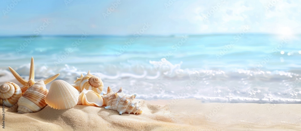 Poster sandy beach with seashells a summer background perfect for holidays with room for a copy space image