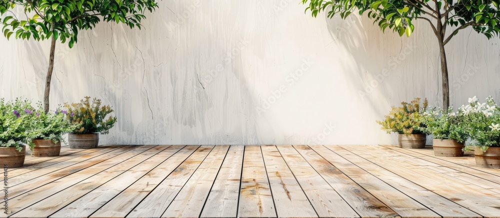 Aufkleber design wooden terrace with a white backdrop featuring an empty tabletop ideal for showcasing your co