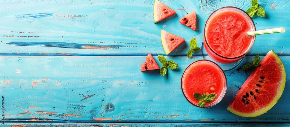Poster stay refreshed in summer with a cooling watermelon juice smoothie on a blue wooden backdrop perfect 