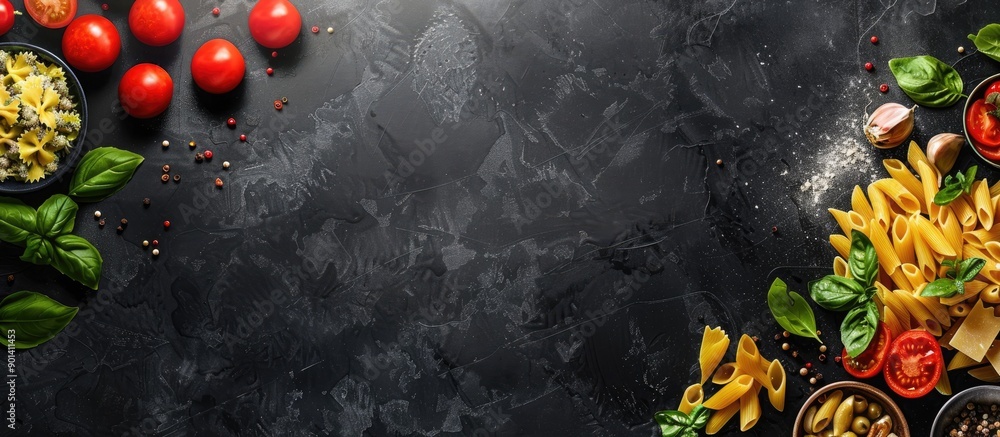 Poster italian pasta ingredients displayed on a black stone slate surface with room for text banner featuri