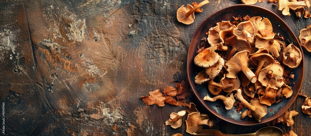 Poster Top view of a rustic table set with a meal featuring dried shiitake mushrooms creating copy space against a food themed background