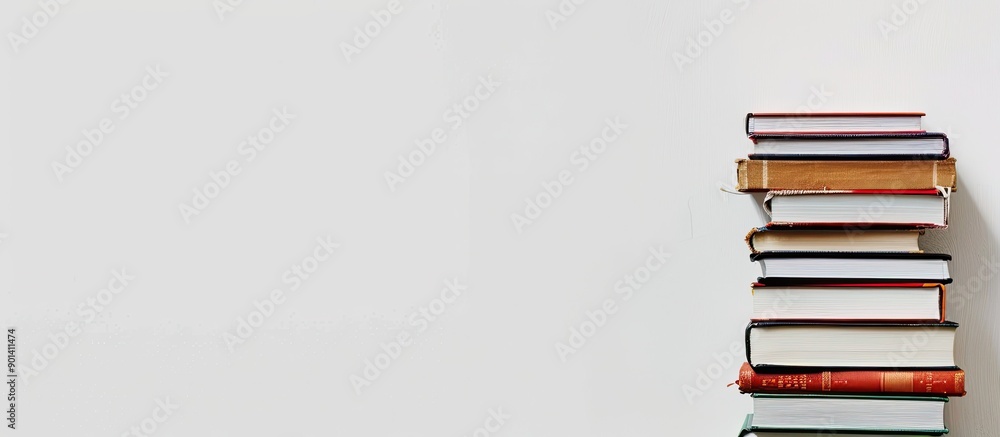 Aufkleber A stack of books against a plain white backdrop with copy space image
