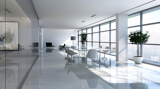 Modern meeting room with minimal furnishings and a spacious, uncluttered design 