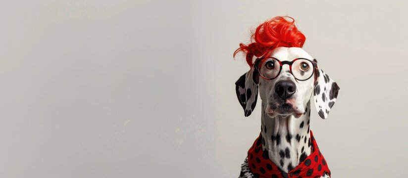 Dalmatian dog wearing clothes red wig and glasses on white backdrop depicting a dog teacher in a copy space image