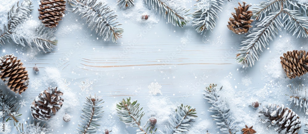 Poster christmas winter background with snow covered fir branches cones and a white wooden texture ideal fo