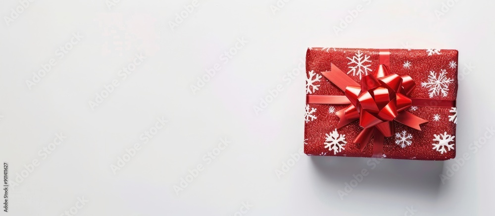 Poster a festive gift box with a bow is displayed against a plain white backdrop creating a perfect christm