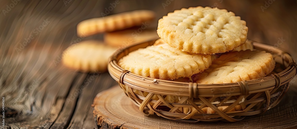 Poster butter cookies displayed in a bamboo dish on a wooden table with a subtle background for a copy spac