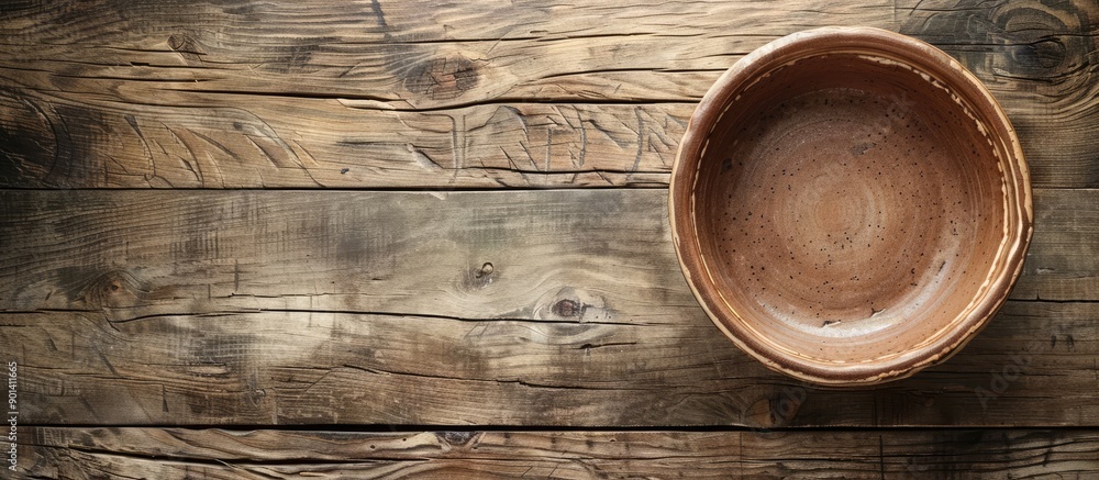 Aufkleber Wooden background with an empty clay bowl ideal for adding text or images copy space image