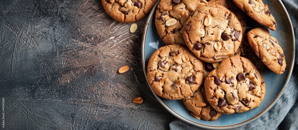 Poster sweet homemade chocolate chip cookies with almond and coconut chips arranged on a plate with copy sp