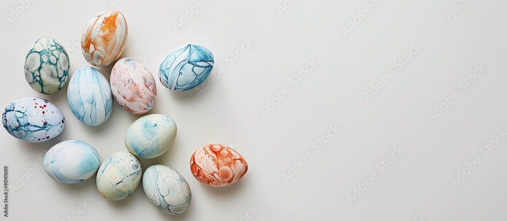 Aufkleber Minimalistic flat lay of marbled painted eggs on a white background with copy space image