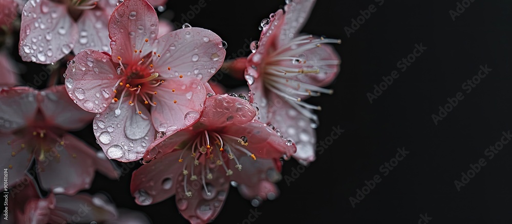 Leinwandbilder close up image of dew covered sakura flowers against a black backdrop with space for text. copy spac