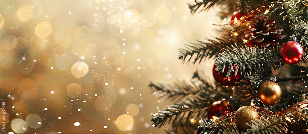 Poster close up view of a christmas tree adorned with decorations offering ample copy space image