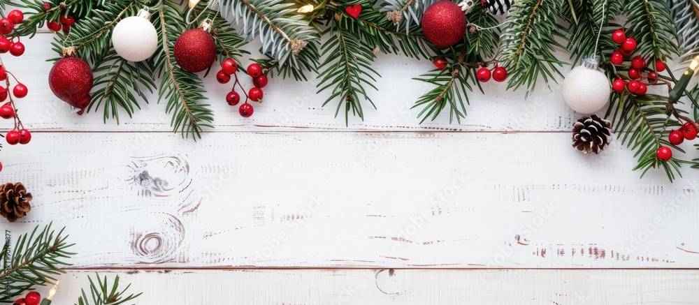 Poster Festive Christmas arrangement on a white wooden surface with space available for adding text or images shot from above. copy space available