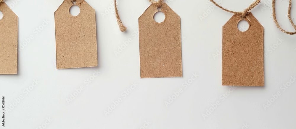 Poster copy space image of paper tags with string against a white backdrop suitable for scrapbooking