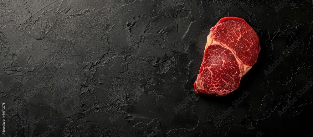 Poster Marble beef steak on a black background shot from above with empty space for text or graphics. copy space available
