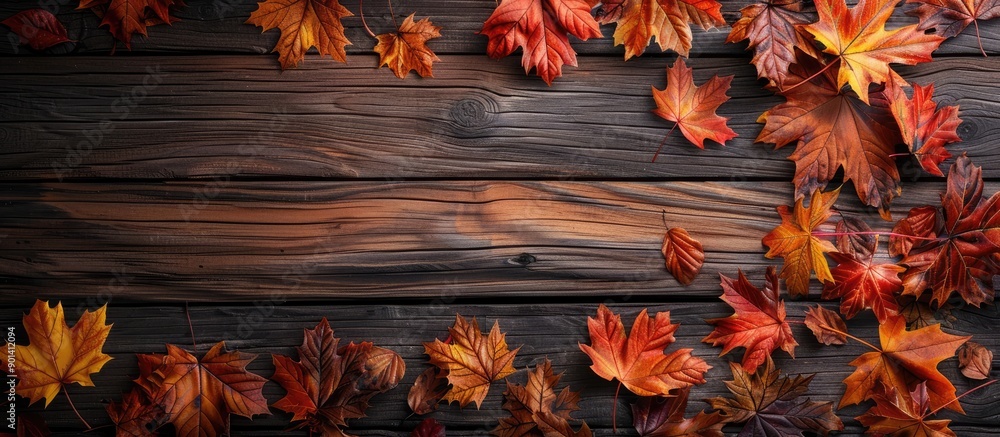 Aufkleber fall foliage on a wooden backdrop with ample copy space image