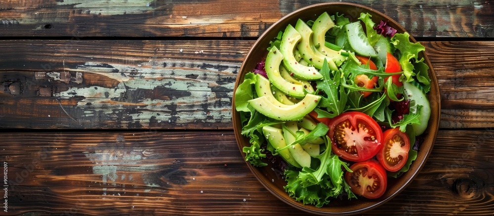 Poster Top view of a salad featuring avocado tomato and fresh veggies on a wooden backdrop with ample copy space image