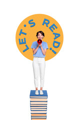 Photo collage composite sketch image of banner lets read smart young woman loudspeaker stand huge pile book library lamp light bookstore