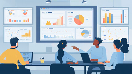 Professionals analyzing workflow efficiency reports on laptops and tablets in a minimalistic meeting room 