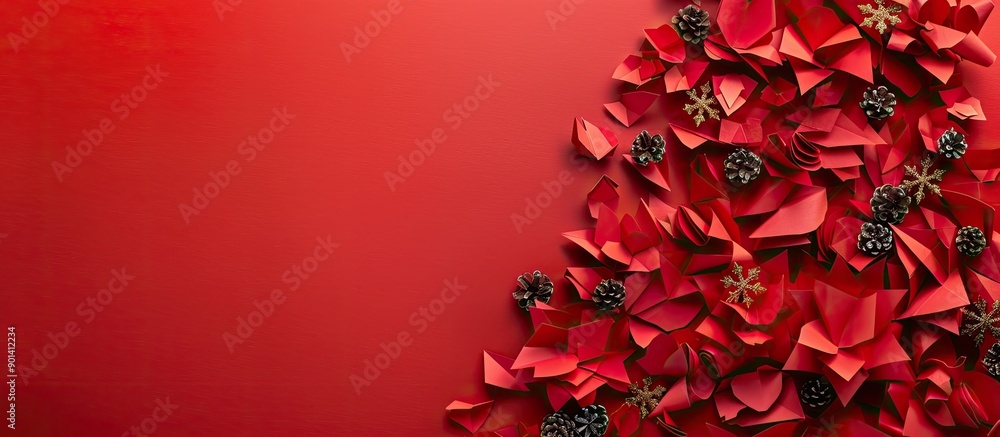 Poster top view of a christmas tree silhouette crafted from red paper decorations with an empty space for i