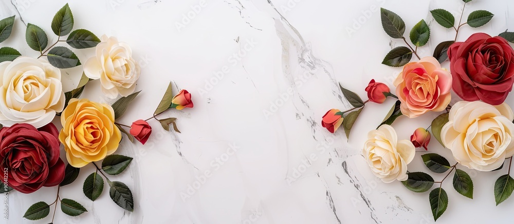 Poster Top view flat lay of a congratulatory frame adorned with roses and leaves on a white marble backdrop featuring copy space for adding text or images