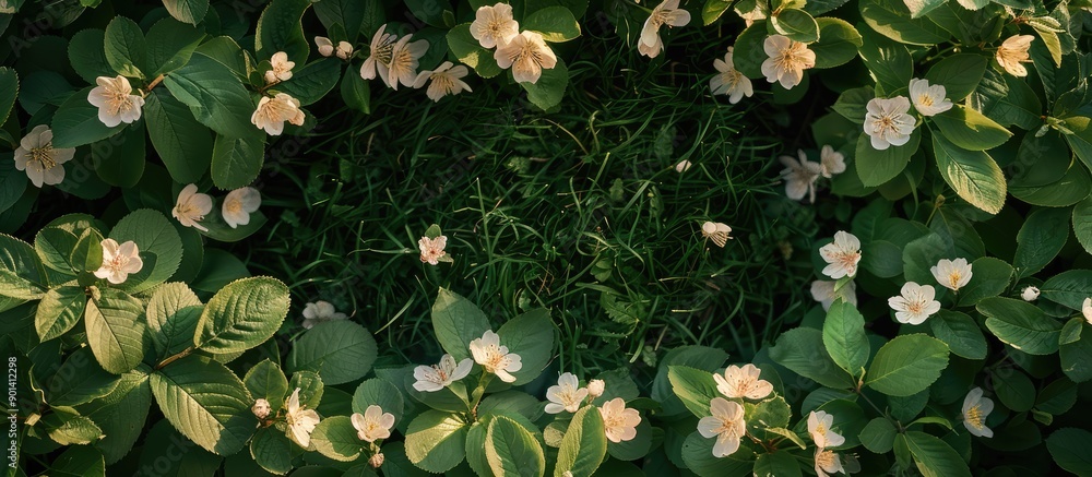 Poster Green leaves framing a copy space image with blossoms viewed from the top on a grassy border in the spring providing a blank template for text in a flat lay composition