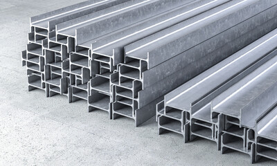 Steel h beam forming stack on concrete floor in warehouse