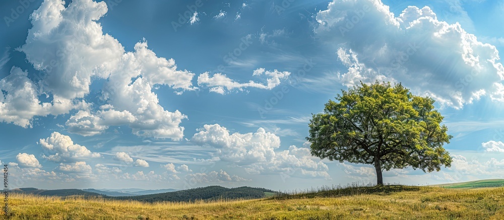 Fototapete A stunning summer view with a big tree and clove tree under a beautiful blue sky and fluffy clouds ideal for a mountain or forest getaway featuring a serene copy space image
