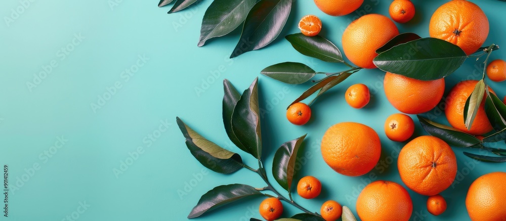 Poster Tangerines and leaves on colorful background in a flat lay setting with copy space image for text featuring citrus fruits