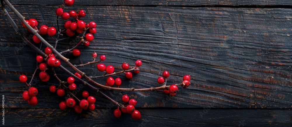 Poster close up shot of a branch with vibrant dogwood berries against a dark wooden backdrop creating a str