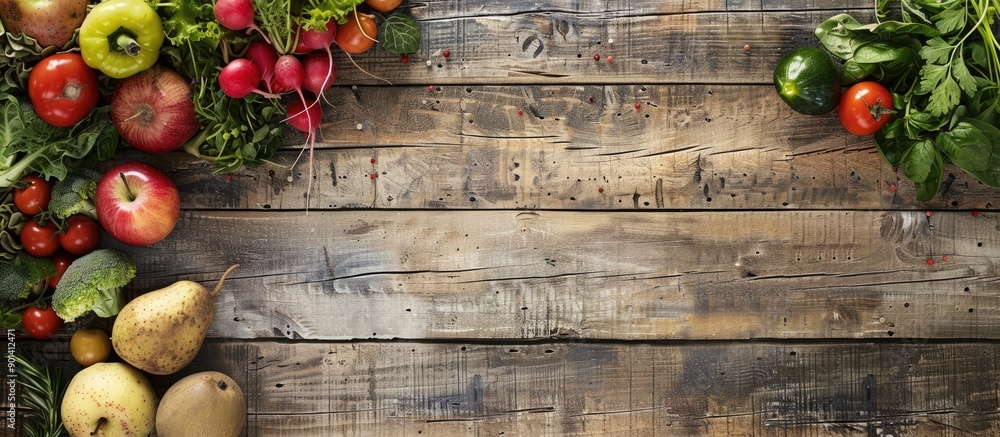 Poster Capturing the essence of clean eating this setup features organic fruits and veggies on a wooden backdrop with ample copy space image