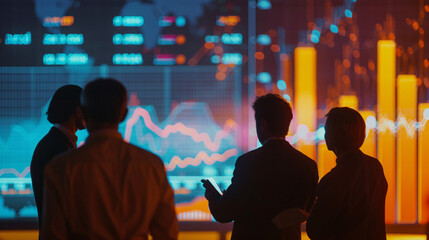 Obraz premium Team of professionals discussing the company's annual financial performance with charts and graphs projected on a screen 