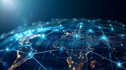 Futuristic Blockchain Technology With World Globe And Polygon Network. Generative Ai.