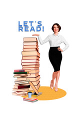 Photo collage composite sketch image of banner lets read smart young woman loudspeaker stand huge pile book library cup tea bookstore